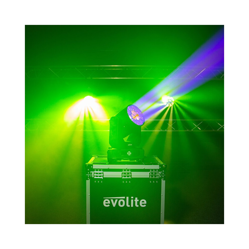 Evolite Pair of 12 x 40 W professional wash moving heads with zoom and Bee rotary effect, delivered in a transport flight case