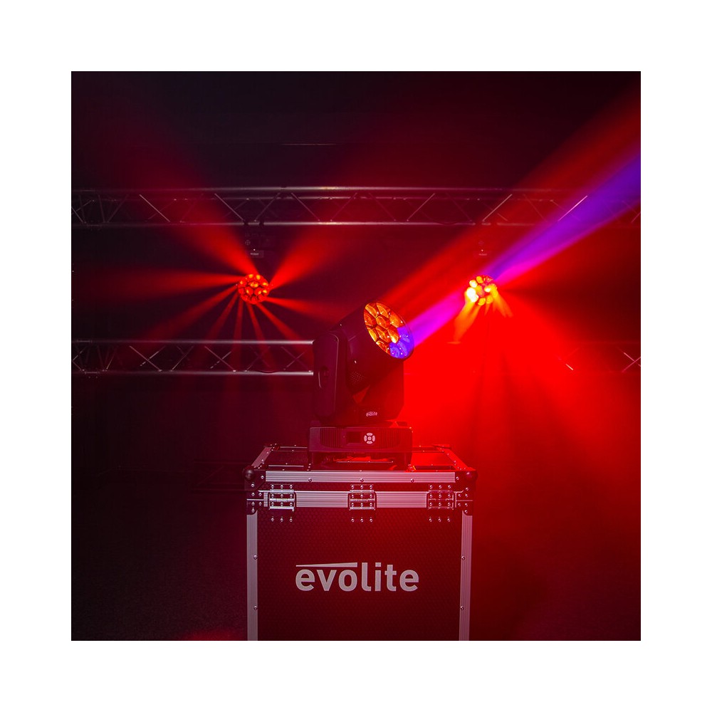 Evolite Pair of 12 x 40 W professional wash moving heads with zoom and Bee rotary effect, delivered in a transport flight case