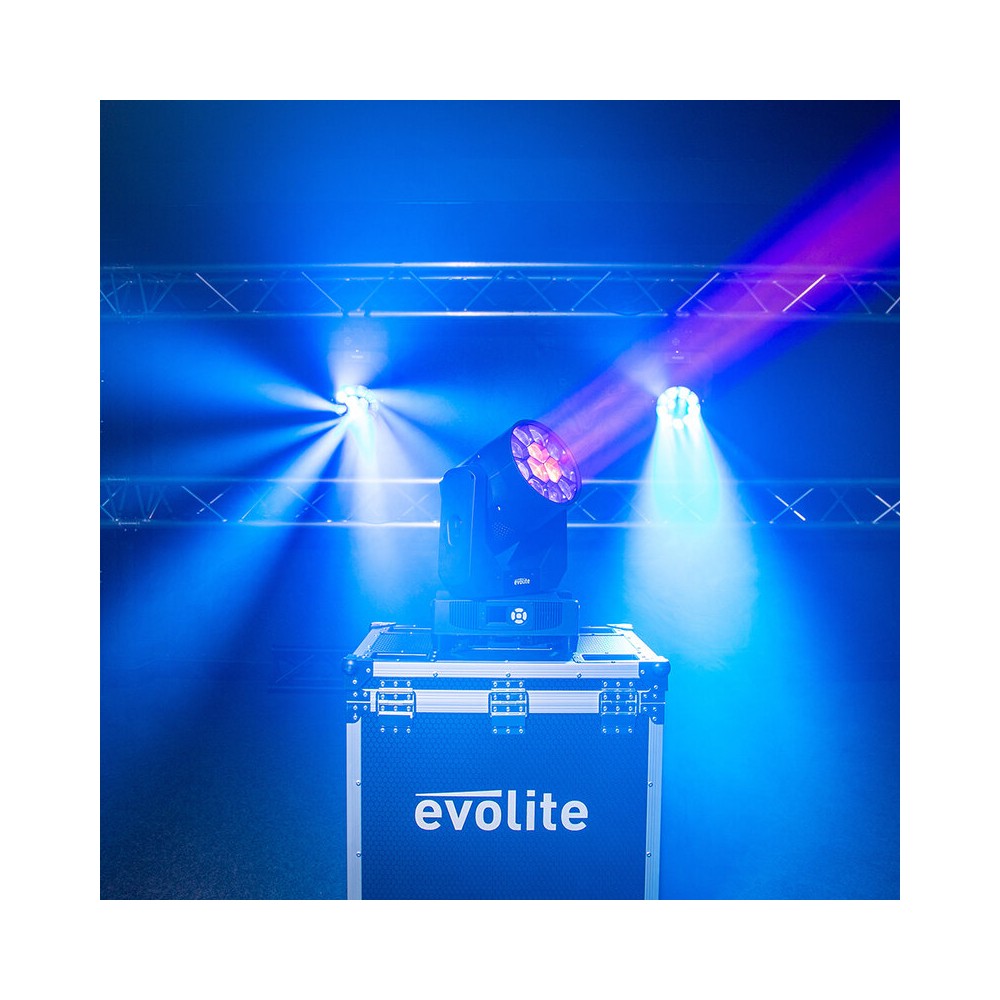 Evolite Pair of 12 x 40 W professional wash moving heads with zoom and Bee rotary effect, delivered in a transport flight case