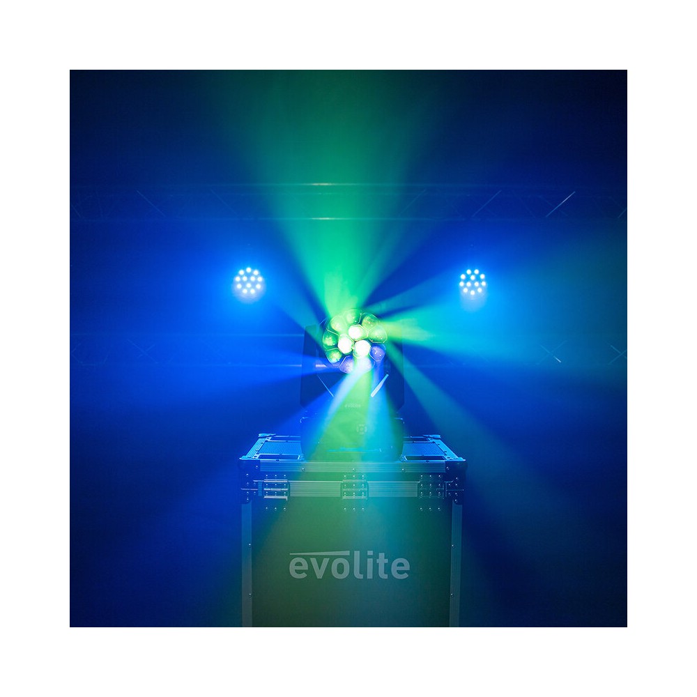 Evolite Pair of 12 x 40 W professional wash moving heads with zoom and Bee rotary effect, delivered in a transport flight case