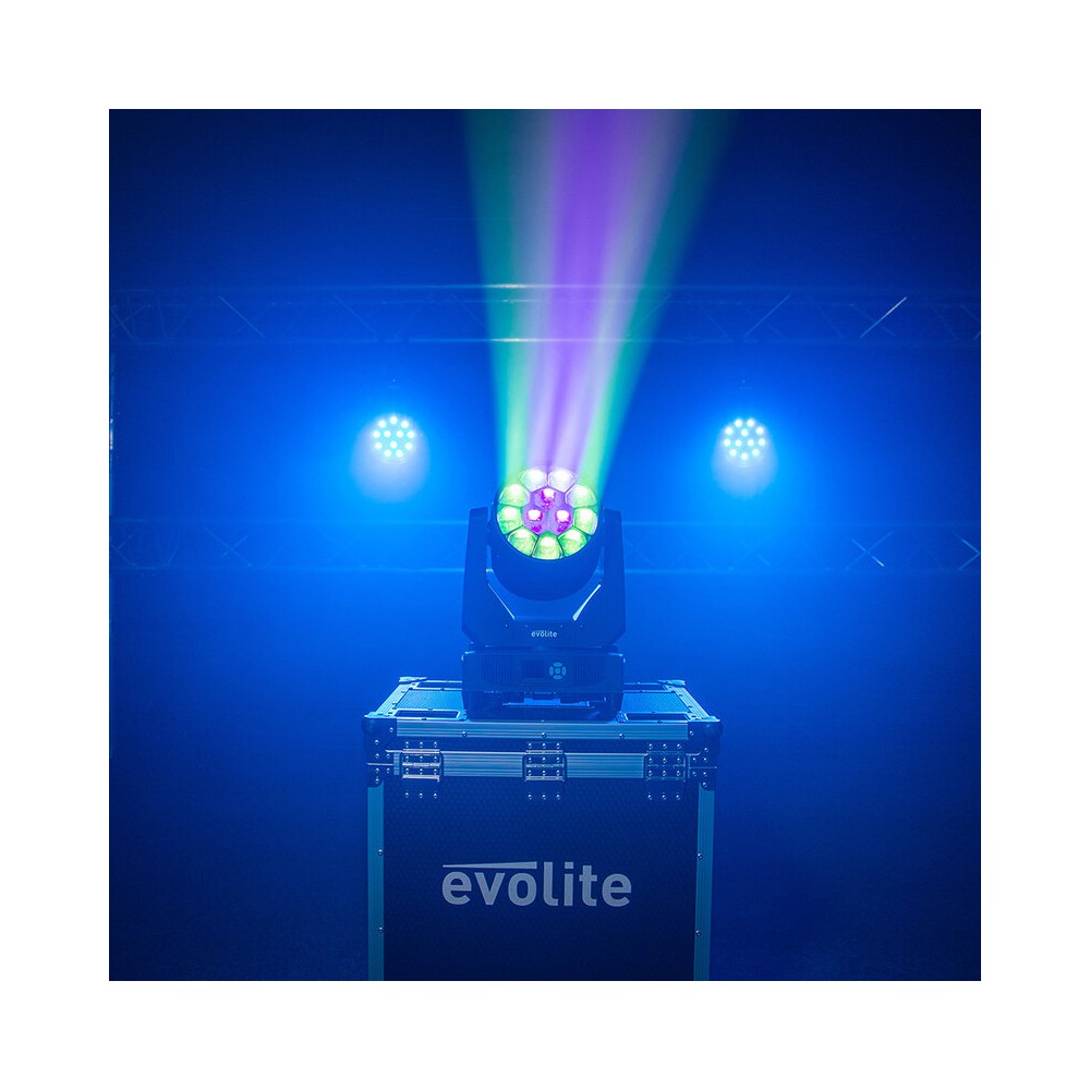 Evolite Pair of 12 x 40 W professional wash moving heads with zoom and Bee rotary effect, delivered in a transport flight case