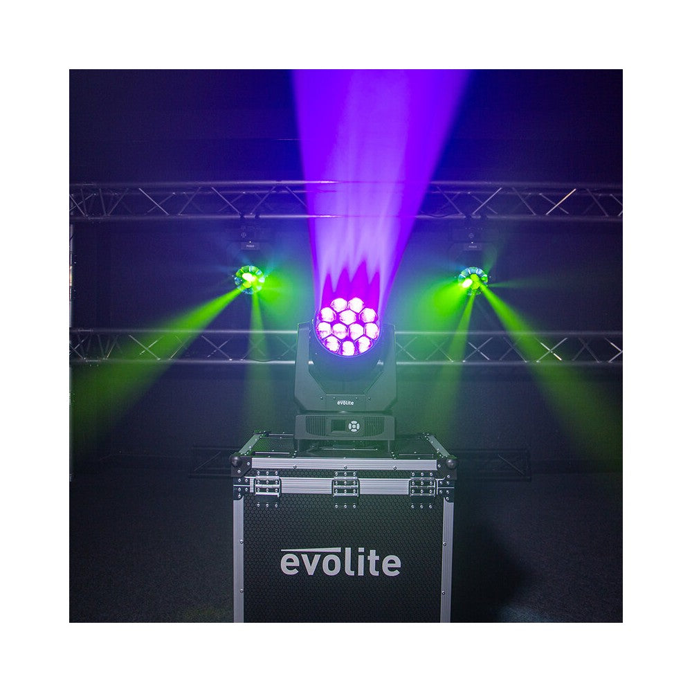 Evolite Pair of 12 x 40 W professional wash moving heads with zoom and Bee rotary effect, delivered in a transport flight case