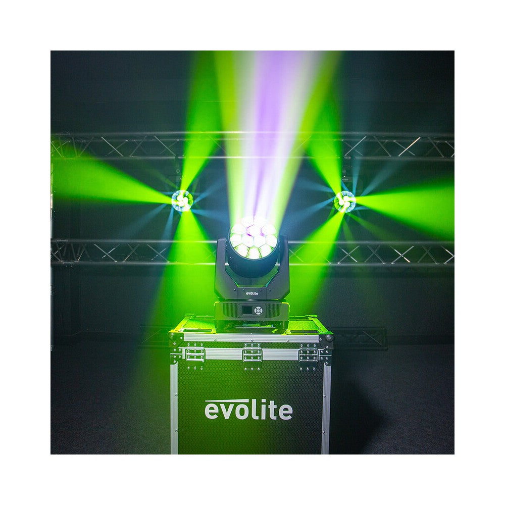 Evolite Pair of 12 x 40 W professional wash moving heads with zoom and Bee rotary effect, delivered in a transport flight case