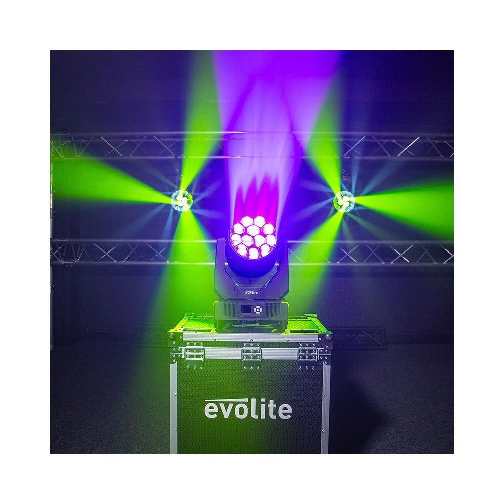 Evolite Pair of 12 x 40 W professional wash moving heads with zoom and Bee rotary effect, delivered in a transport flight case