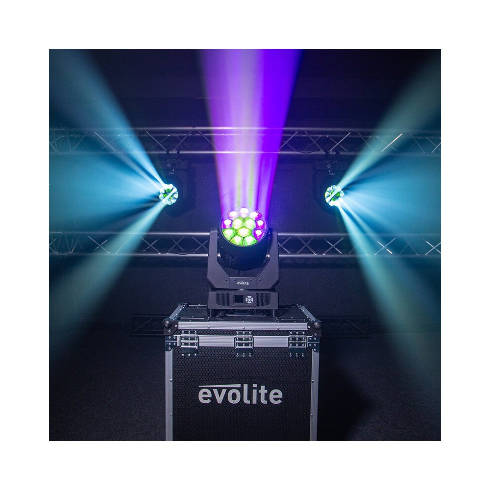 Evolite Pair of 12 x 40 W professional wash moving heads with zoom and Bee rotary effect, delivered in a transport flight case