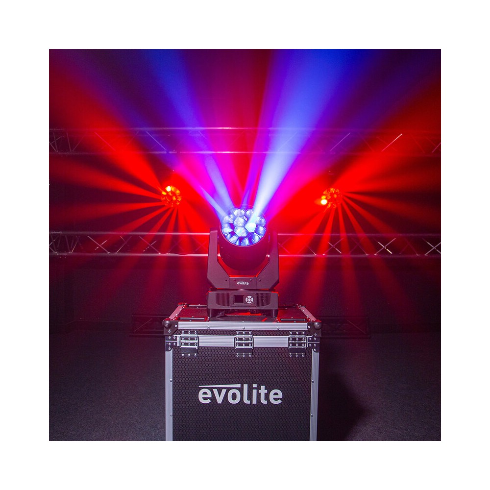 Evolite Pair of 12 x 40 W professional wash moving heads with zoom and Bee rotary effect, delivered in a transport flight case