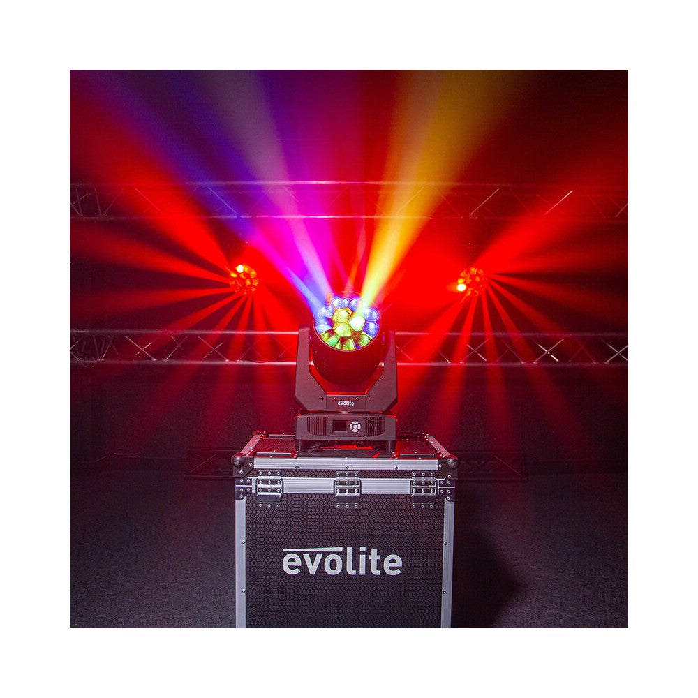 Evolite Pair of 12 x 40 W professional wash moving heads with zoom and Bee rotary effect, delivered in a transport flight case