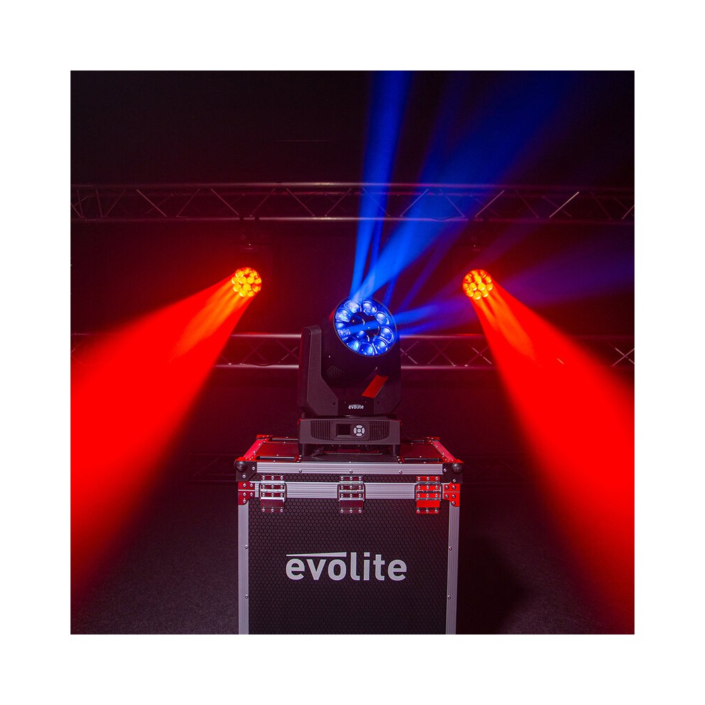 Evolite Pair of 12 x 40 W professional wash moving heads with zoom and Bee rotary effect, delivered in a transport flight case