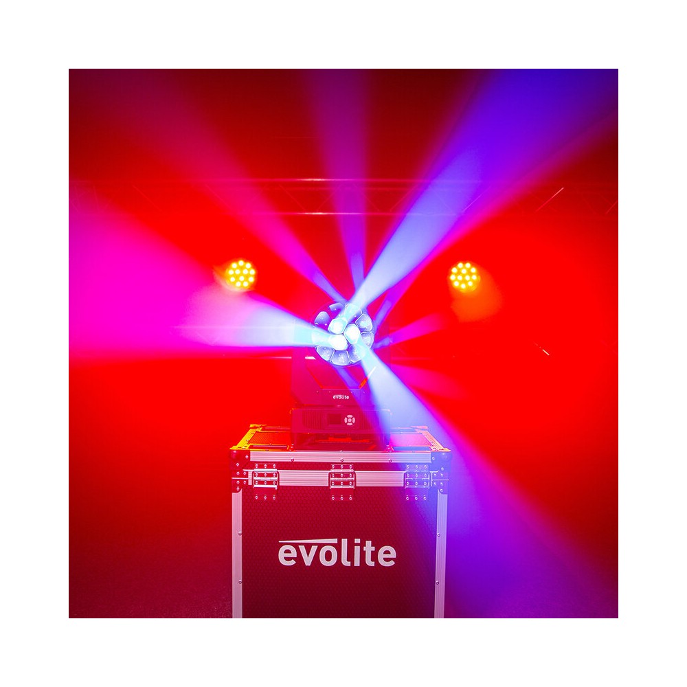 Evolite Pair of 12 x 40 W professional wash moving heads with zoom and Bee rotary effect, delivered in a transport flight case