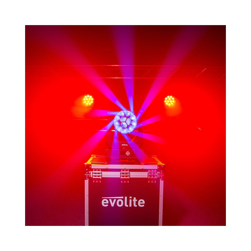 Evolite Pair of 12 x 40 W professional wash moving heads with zoom and Bee rotary effect, delivered in a transport flight case