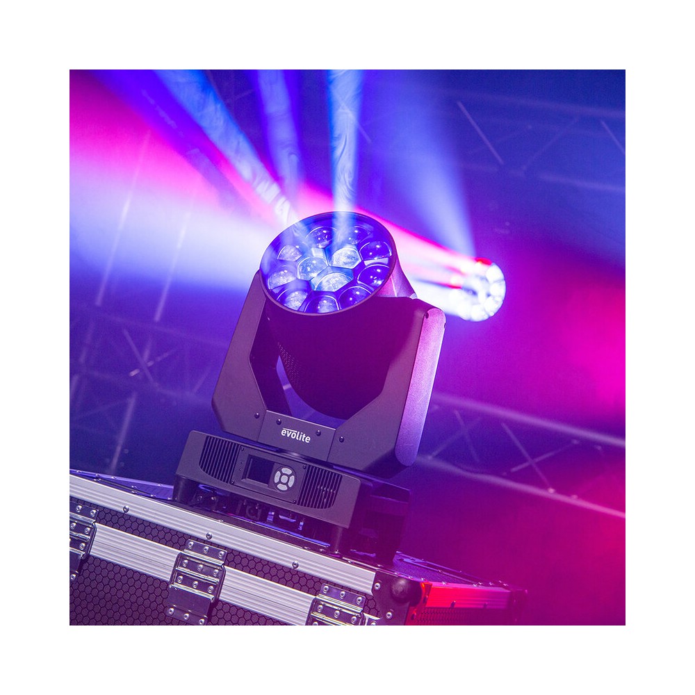 Evolite Pair of 12 x 40 W professional wash moving heads with zoom and Bee rotary effect, delivered in a transport flight case