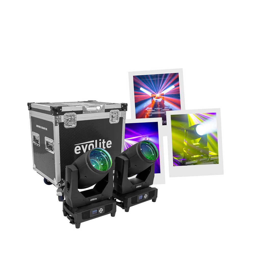 Evolite Pair of professional Beam moving heads, motorized focus, 11 Gobo wheel, 14 color wheel, 8-facet prism and 24-facet tripl