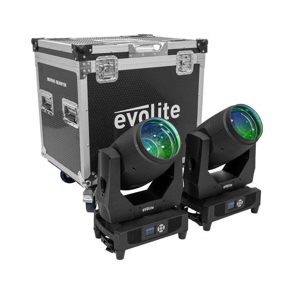 Evolite Pair of professional Beam moving heads, motorized focus, 11 Gobo wheel, 14 color wheel, 8-facet prism and 24-facet triple prism