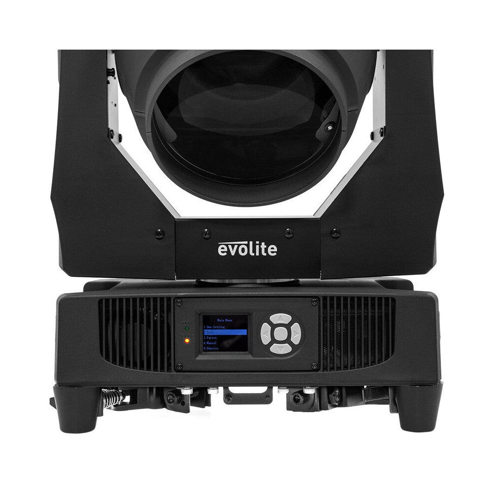 Evolite Pair of professional Beam moving heads, motorized focus, 11 Gobo wheel, 14 color wheel, 8-facet prism and 24-facet triple prism