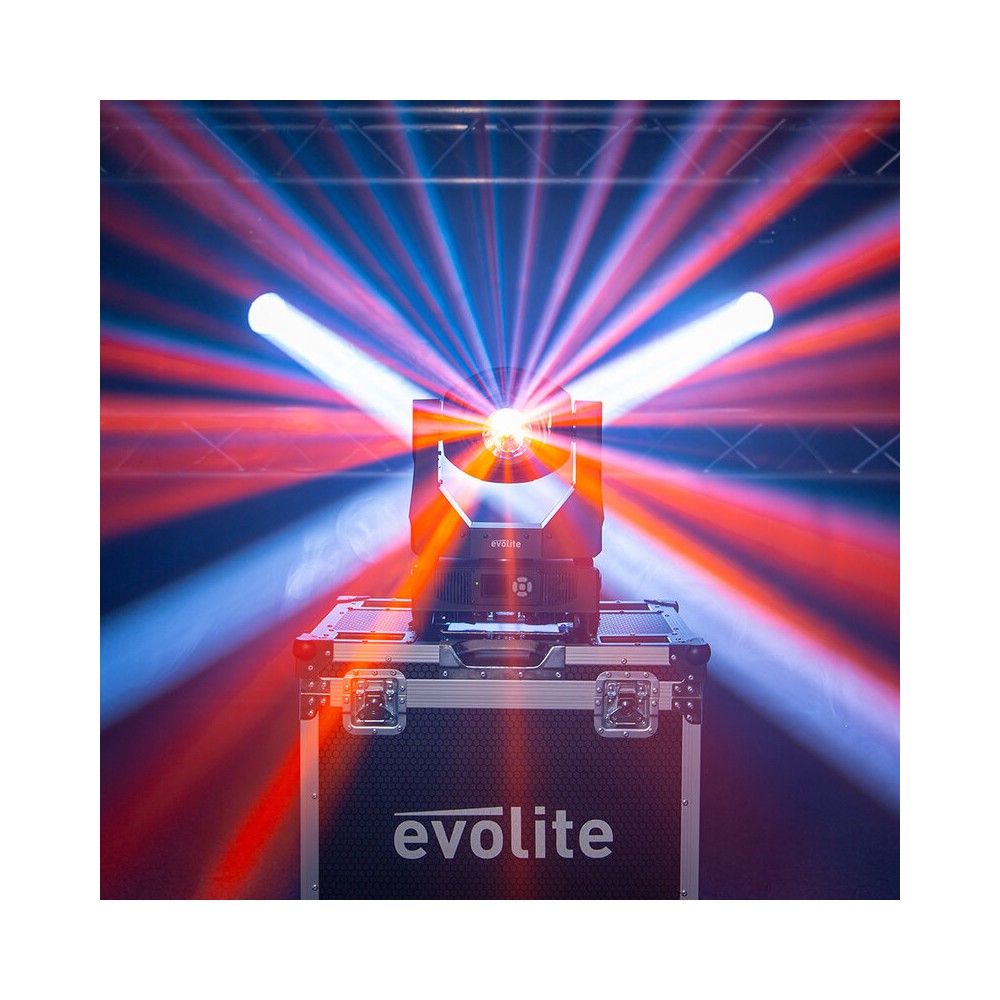Evolite Pair of professional Beam moving heads, motorized focus, 11 Gobo wheel, 14 color wheel, 8-facet prism and 24-facet triple prism