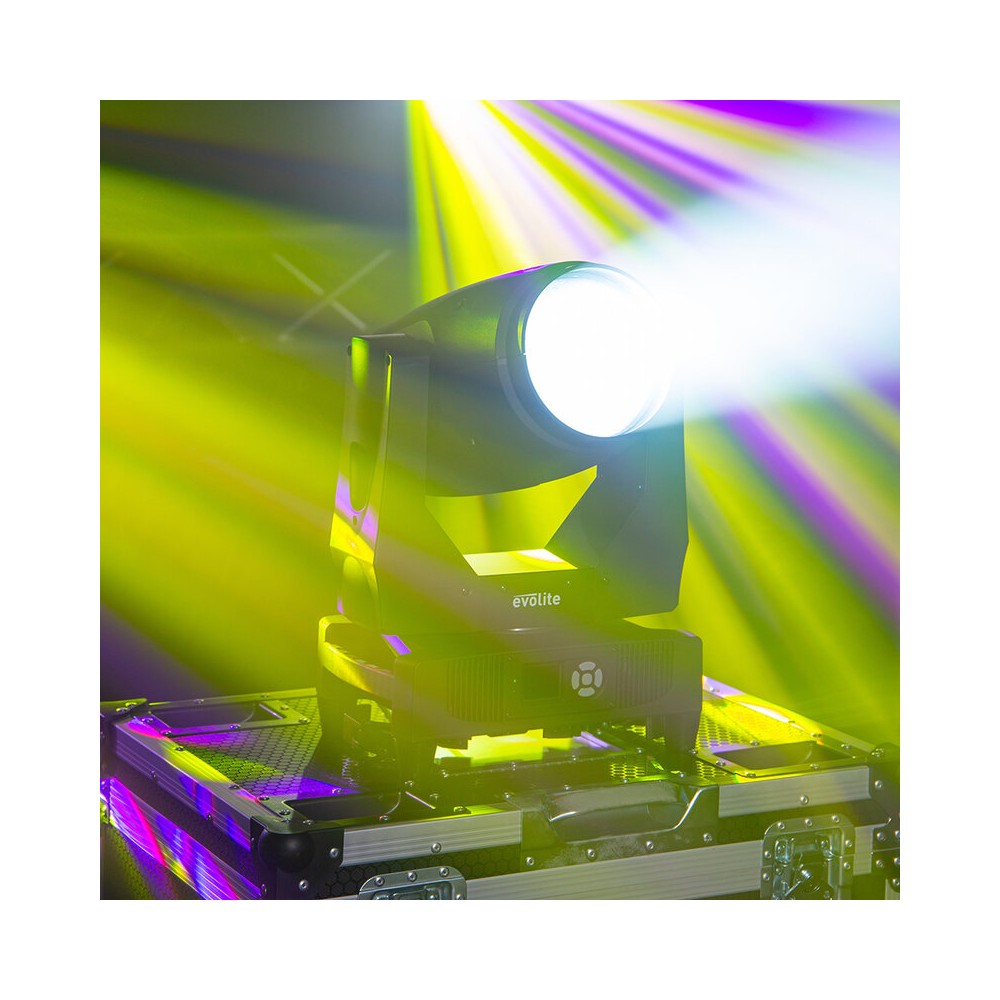 Evolite Pair of professional Beam moving heads, motorized focus, 11 Gobo wheel, 14 color wheel, 8-facet prism and 24-facet triple prism