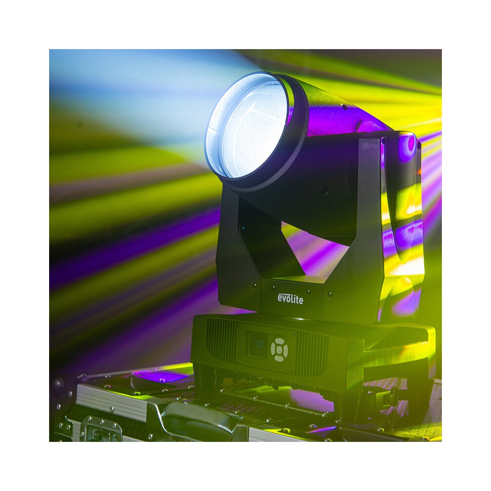 Evolite Pair of professional Beam moving heads, motorized focus, 11 Gobo wheel, 14 color wheel, 8-facet prism and 24-facet triple prism