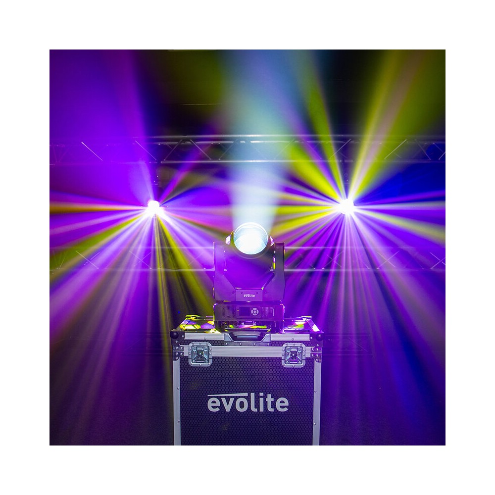 Evolite Pair of professional Beam moving heads, motorized focus, 11 Gobo wheel, 14 color wheel, 8-facet prism and 24-facet triple prism