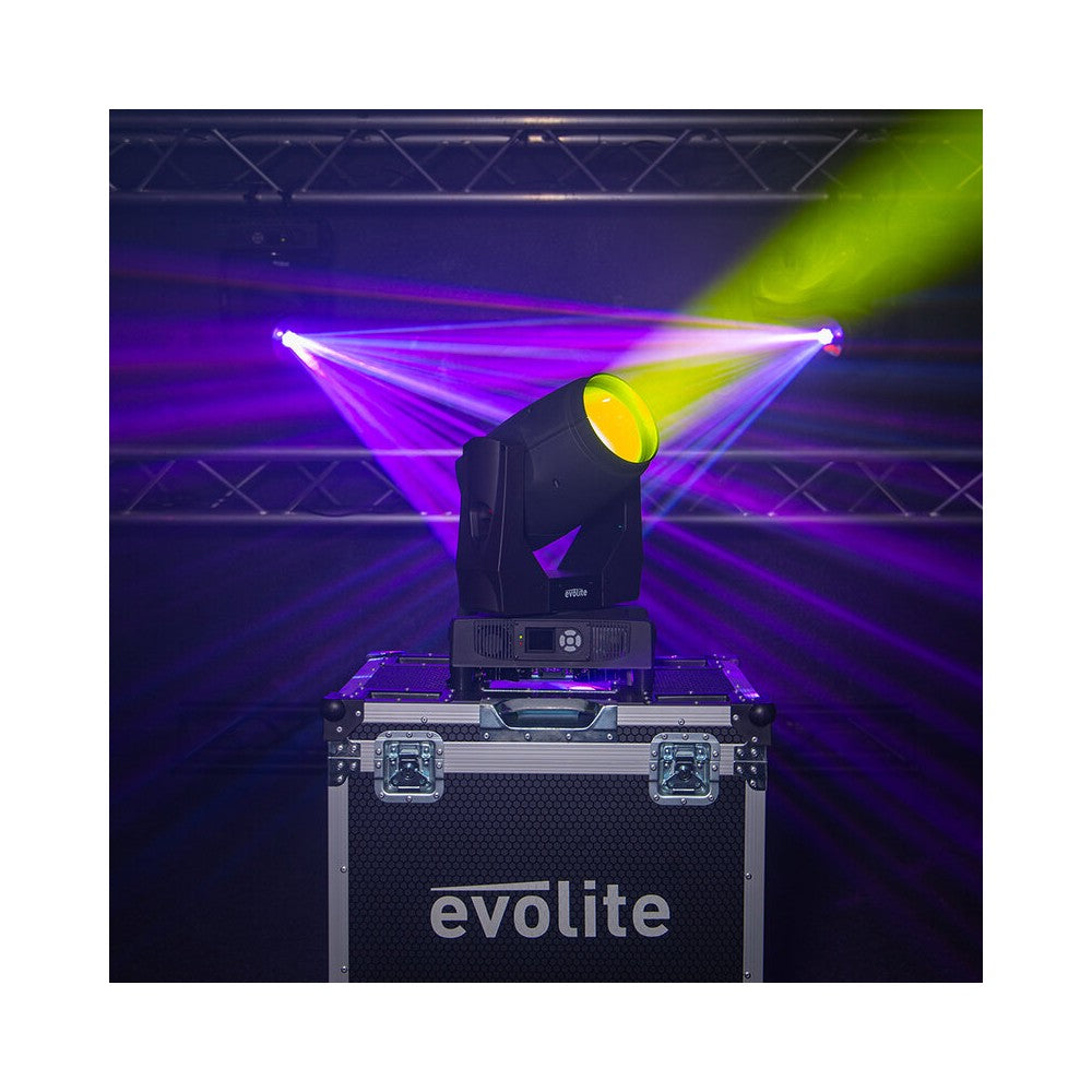 Evolite Pair of professional Beam moving heads, motorized focus, 11 Gobo wheel, 14 color wheel, 8-facet prism and 24-facet triple prism