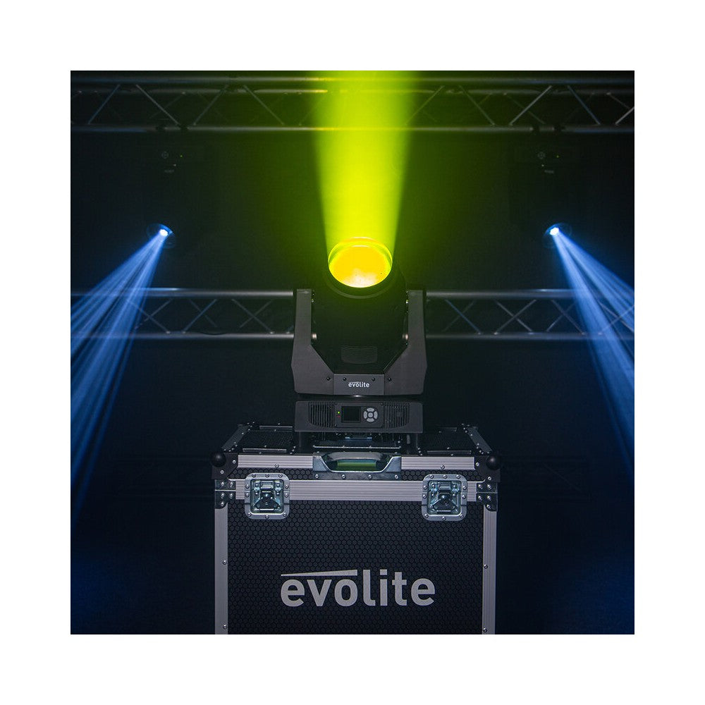 Evolite Pair of professional Beam moving heads, motorized focus, 11 Gobo wheel, 14 color wheel, 8-facet prism and 24-facet triple prism