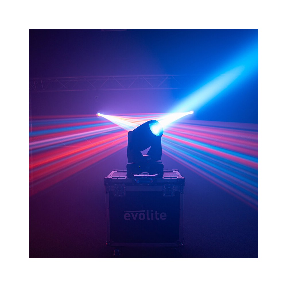 Evolite Pair of professional Beam moving heads, motorized focus, 11 Gobo wheel, 14 color wheel, 8-facet prism and 24-facet triple prism