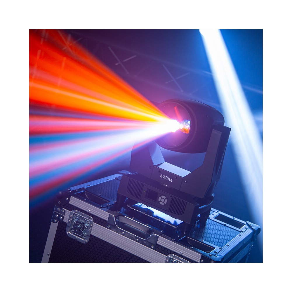 Evolite Pair of professional Beam moving heads, motorized focus, 11 Gobo wheel, 14 color wheel, 8-facet prism and 24-facet triple prism