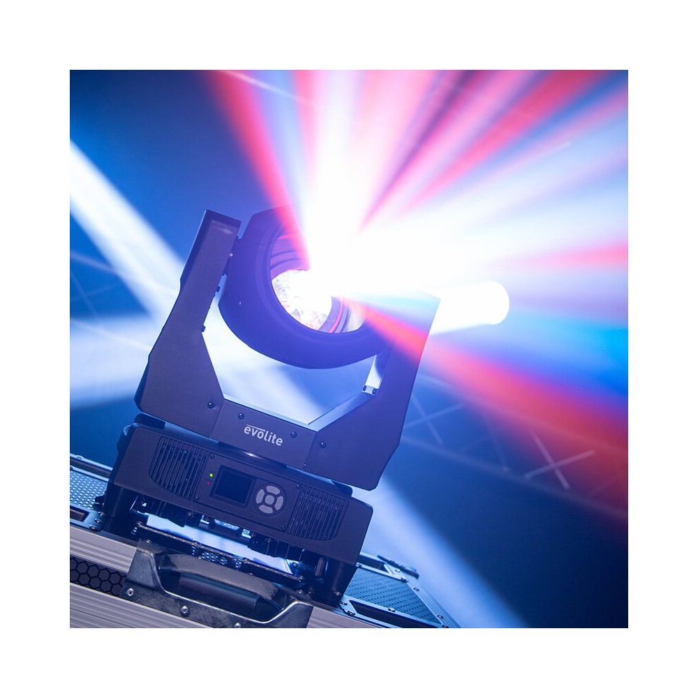 Evolite Pair of professional Beam moving heads, motorized focus, 11 Gobo wheel, 14 color wheel, 8-facet prism and 24-facet triple prism