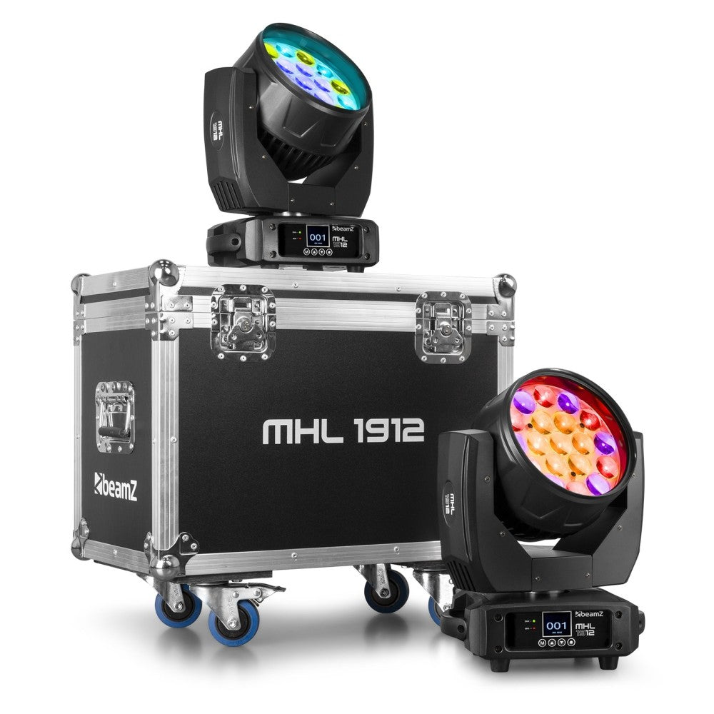 BEAMZ MHL1912 PAIR OF WASH MOVING HEADS WITH ZOOM AND FLIGHT CASE