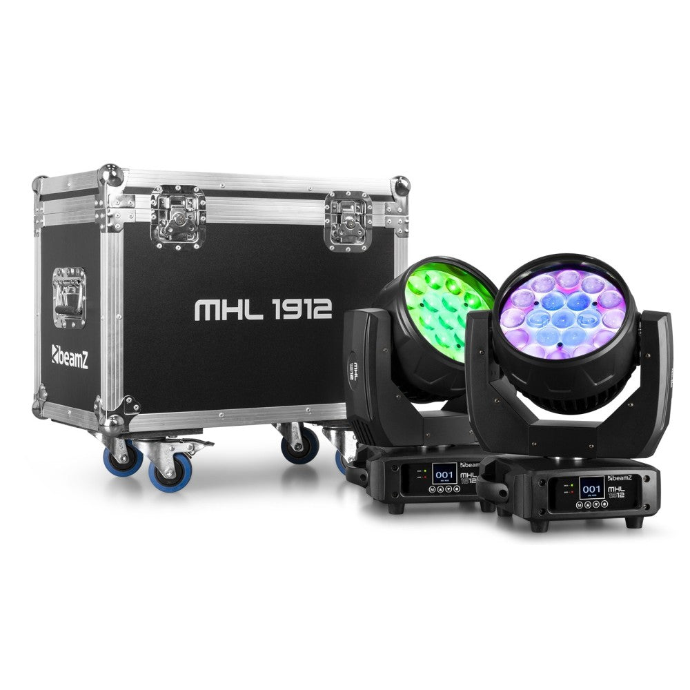 BEAMZ MHL1912 PAIR OF WASH MOVING HEADS WITH ZOOM AND FLIGHT CASE