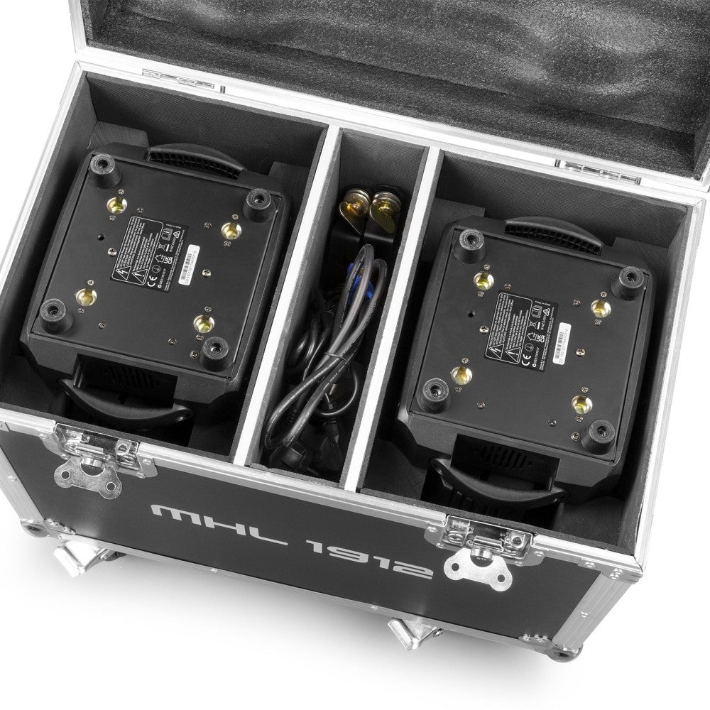 BEAMZ MHL1912 PAIR OF WASH MOVING HEADS WITH ZOOM AND FLIGHT CASE
