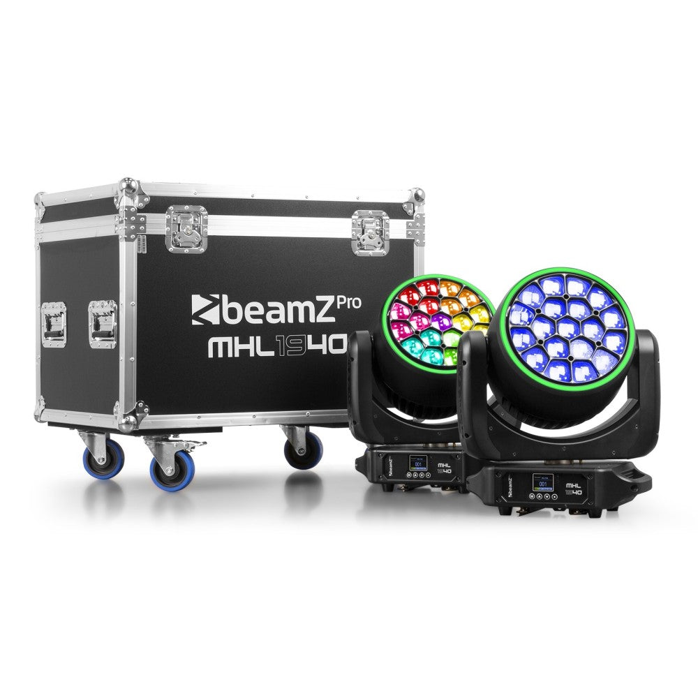 BEAMZ MHL1940 PAR DE CABEZALES MÓVILES 19X40W CON ANILLO, ZOOM Y FLIGHTCASE