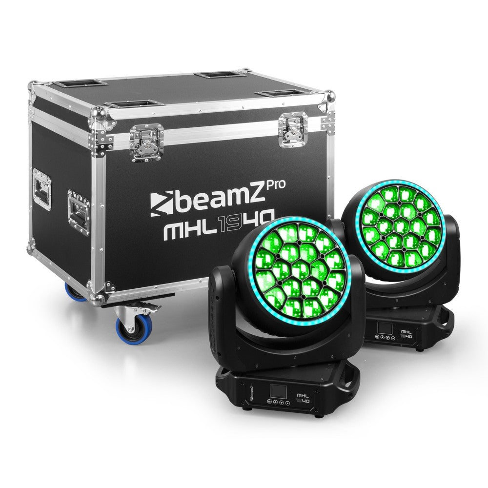 BEAMZ MHL1940 PAR DE CABEZALES MÓVILES 19X40W CON ANILLO, ZOOM Y FLIGHTCASE
