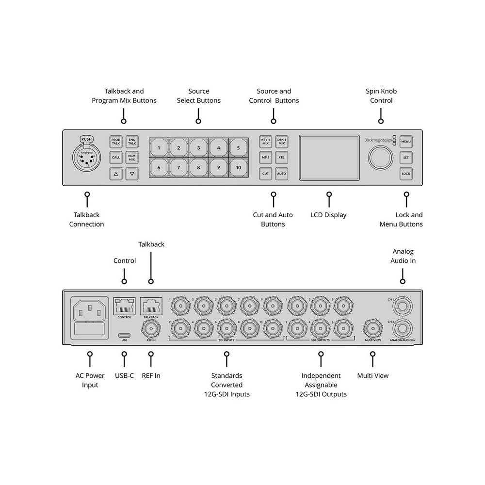 Blackmagic Design Live production switcher, 10 standards converted 12G-SDI inputs, 6 12G-SDI aux outputs, DVE, 4 ATEM advanced keyers