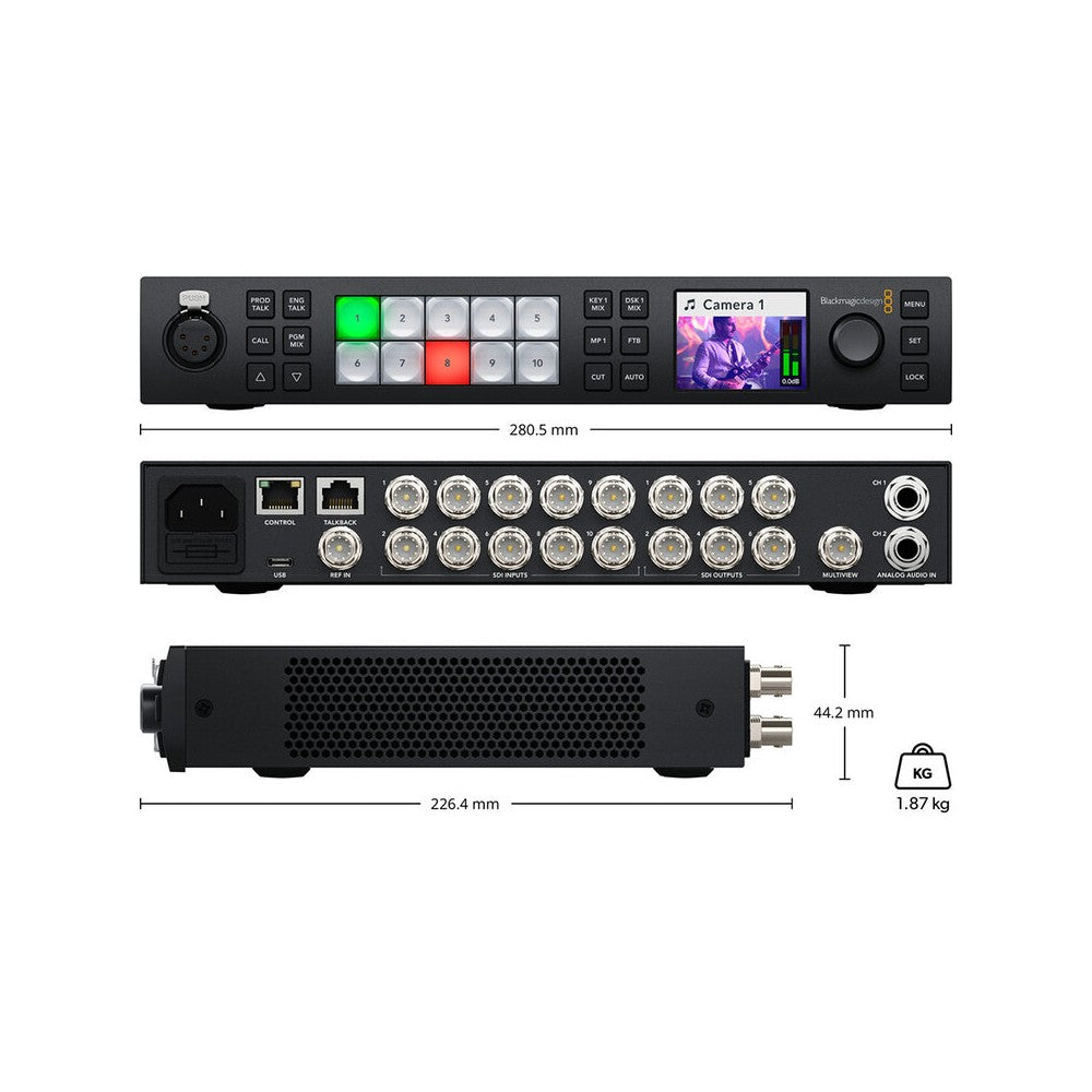 Blackmagic Design Live production switcher, 10 standards converted 12G-SDI inputs, 6 12G-SDI aux outputs, DVE, 4 ATEM advanced keyers