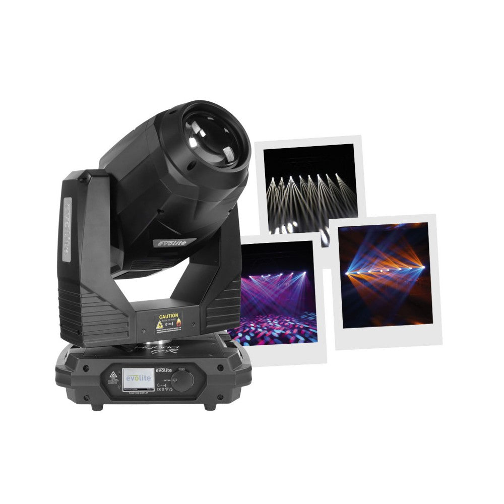 Evolite 3-in-1 Beam / Spot / Wash hybrid moving head with 350W Philips lamp, delivered in flight-case