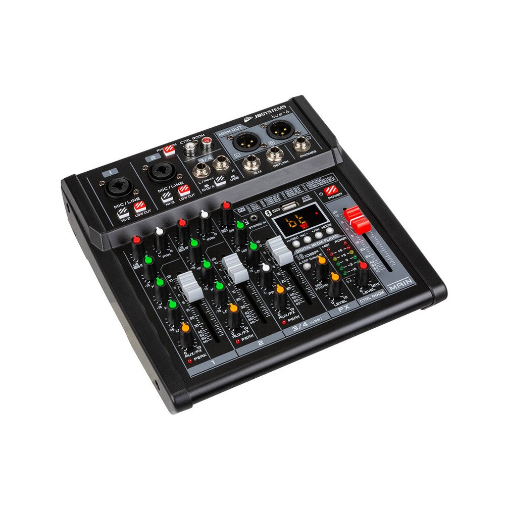 JB Systems Versatile PA mixer in a handy compact format, 4 inputs / 3 channels