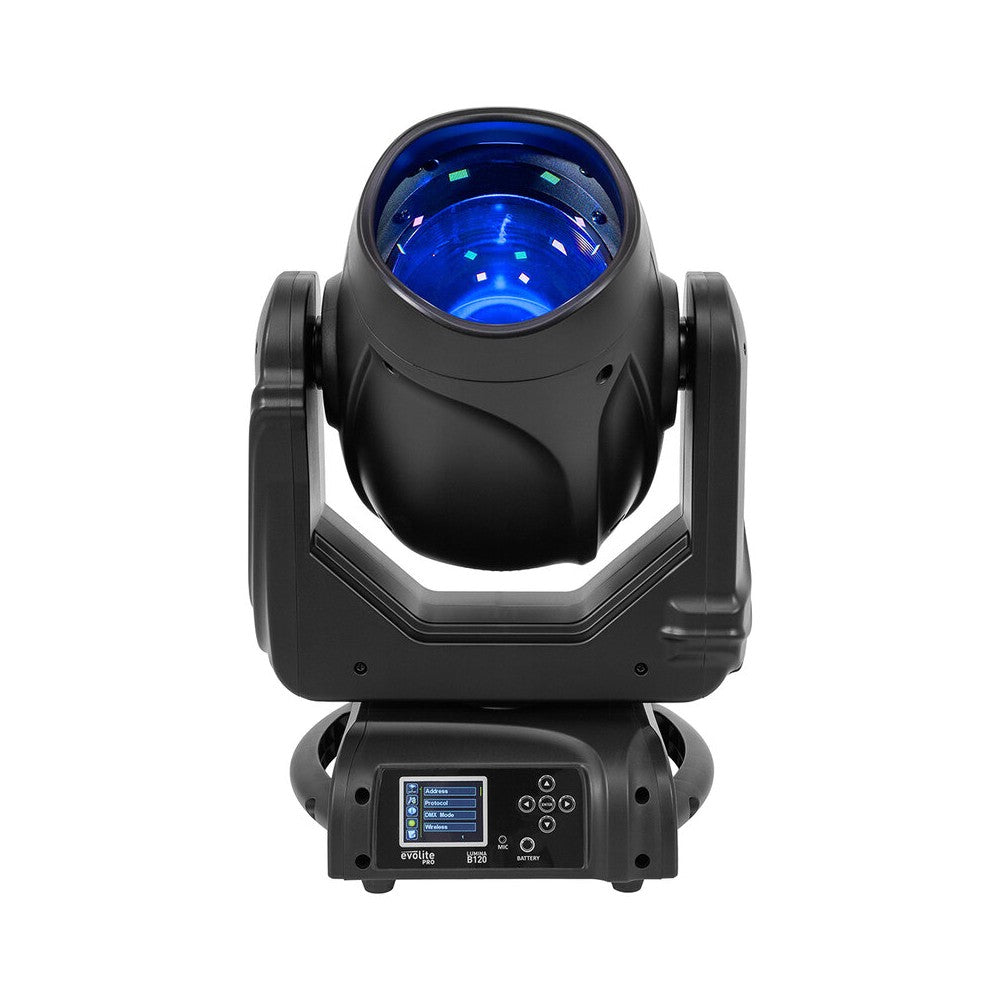 Cabezales móviles Evolite PRO 2 x 120 W LED con movimientos rápidos, 14 colores y 17 gobos fijos, prisma apilable, control DMX, RDM mana