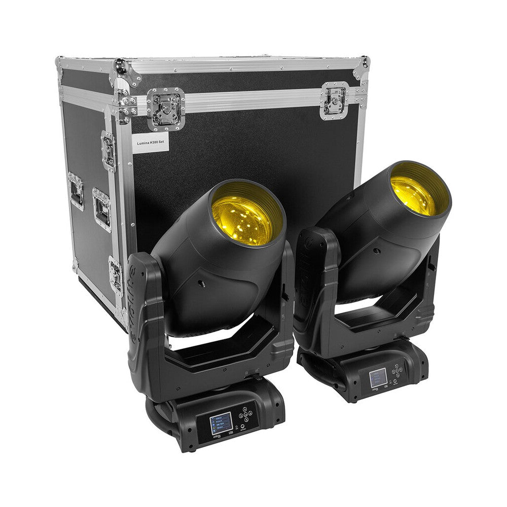Evolite PRO 380 W motorized moving head, white LED, linear CMY tricolor module, kit of 2 pcs. in an flight case