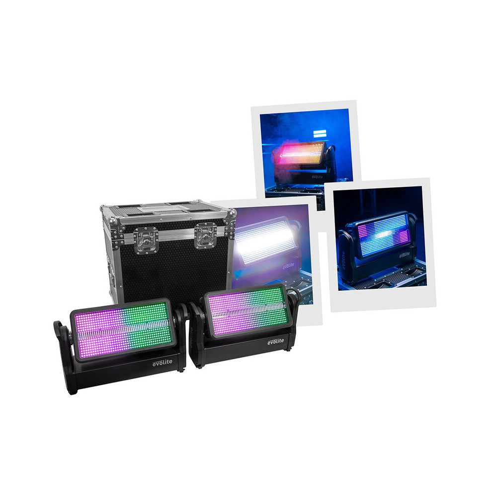 Evolite PRO Motorized Strobe and Wash IP65 hybrid floodlight for indoor and outdoor use, kit of 2 pcs. in an flight case