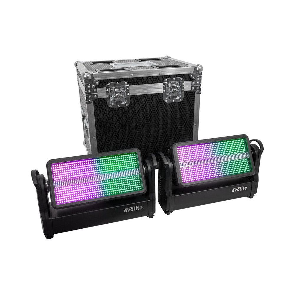 Evolite PRO Motorized Strobe and Wash IP65 hybrid floodlight for indoor and outdoor use, kit of 2 pcs. in an flight case