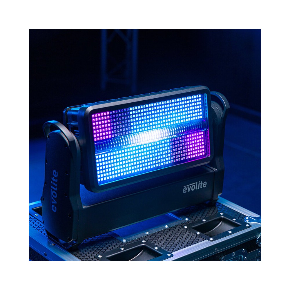 Evolite PRO Motorized Strobe and Wash IP65 hybrid floodlight for indoor and outdoor use, kit of 2 pcs. in a flight case