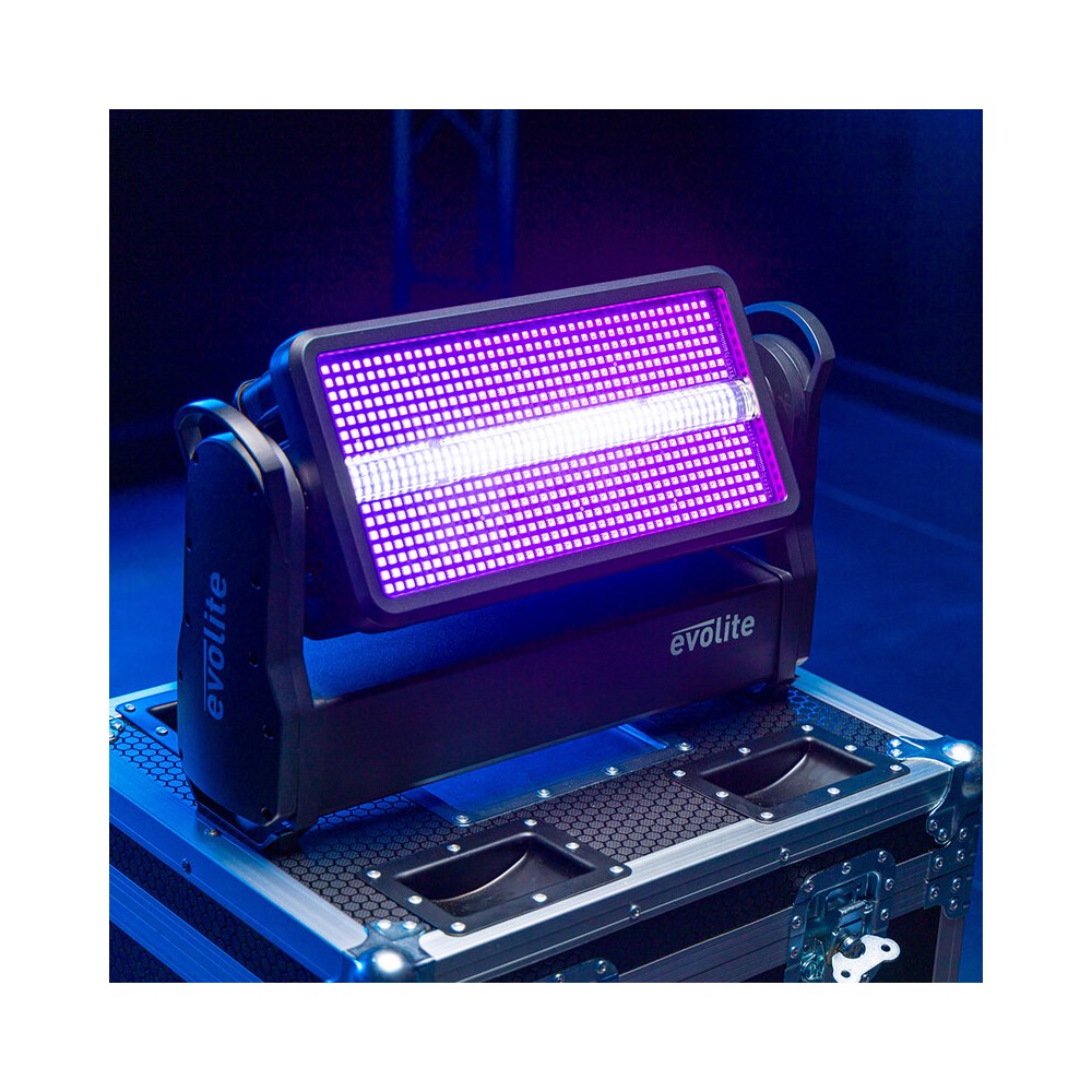 Evolite PRO Motorized Strobe and Wash IP65 hybrid floodlight for indoor and outdoor use, kit of 2 pcs. in a flight case
