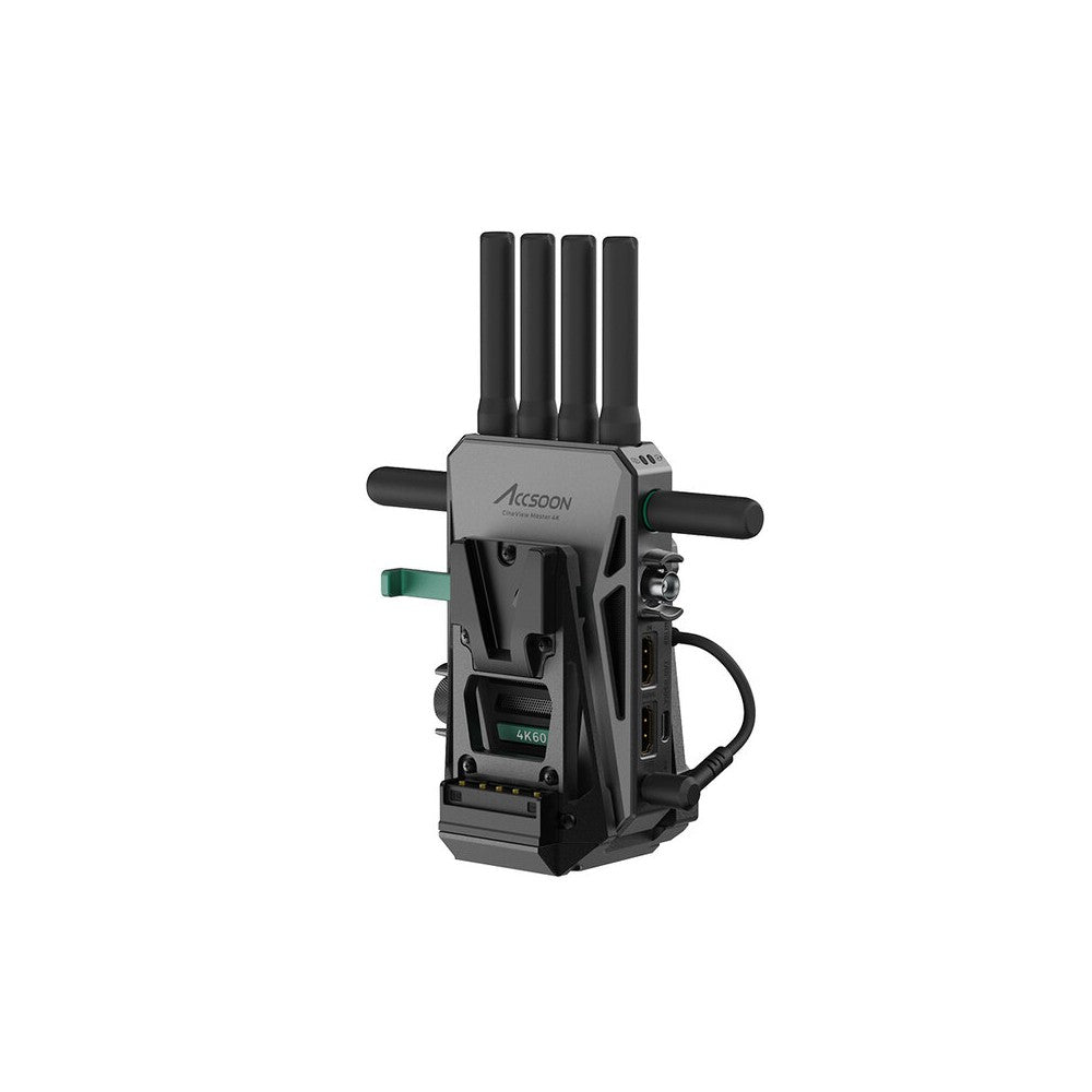 ACCSOON Versatile accessory designed to power both a camera and an Accsoon wireless transmitter simultaneously using a single V-mount battery.