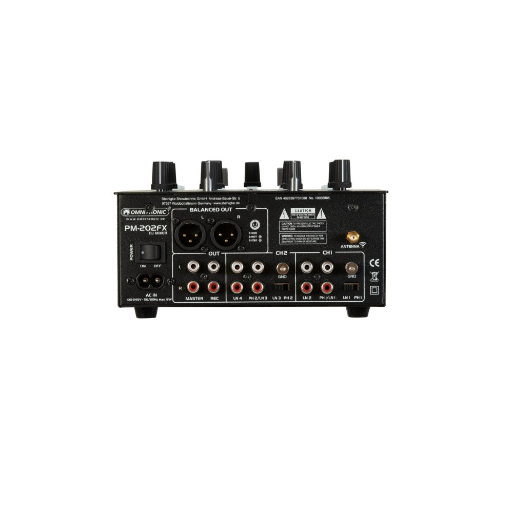OMNITRONIC PM-202FX Mezclador DJ de 2 canales con filtro, efectos y Bluetooth