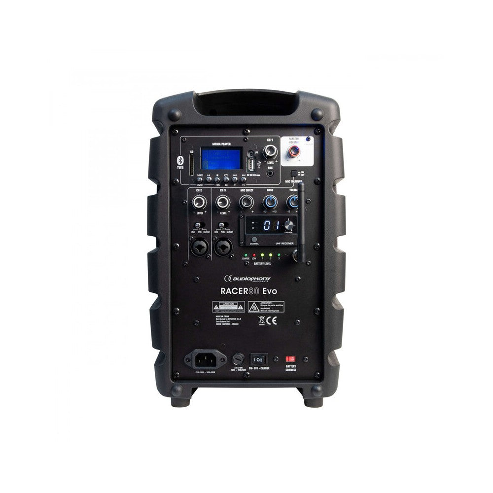Audiophony 80 W RMS active battery-powered portable loudspeaker, 6" LF + 1" HF, USB / SD / BT5.0, talkover, effects