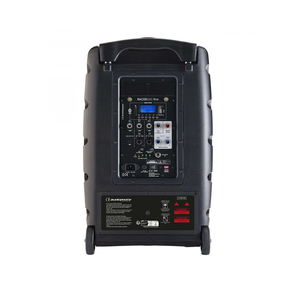 Audiophony 250 W RMS active battery-powered portable loudspeaker, 12" LF + 1.35" HF, USB / SD / BT5.0, talkover, effects
