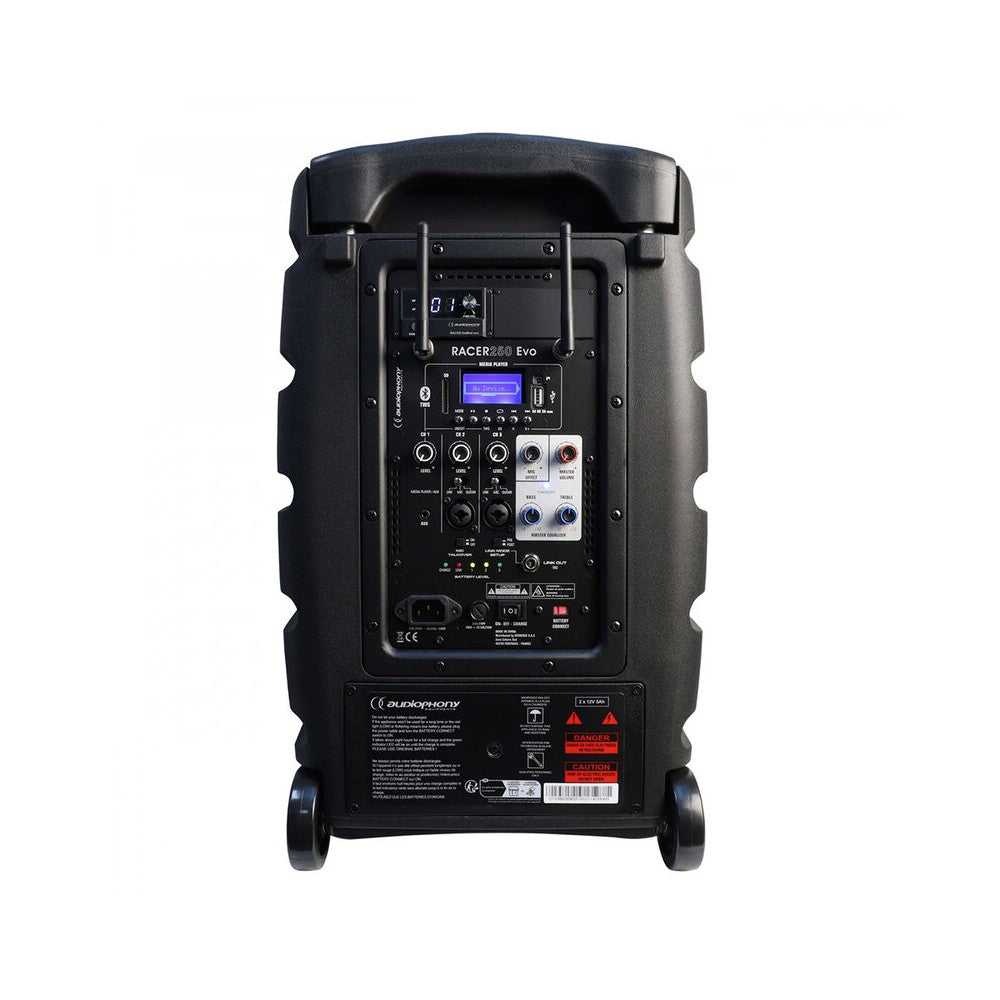 Audiophony 250 W RMS active battery-powered portable loudspeaker, 12" LF + 1.35" HF, USB / SD / BT5.0, talkover, effects