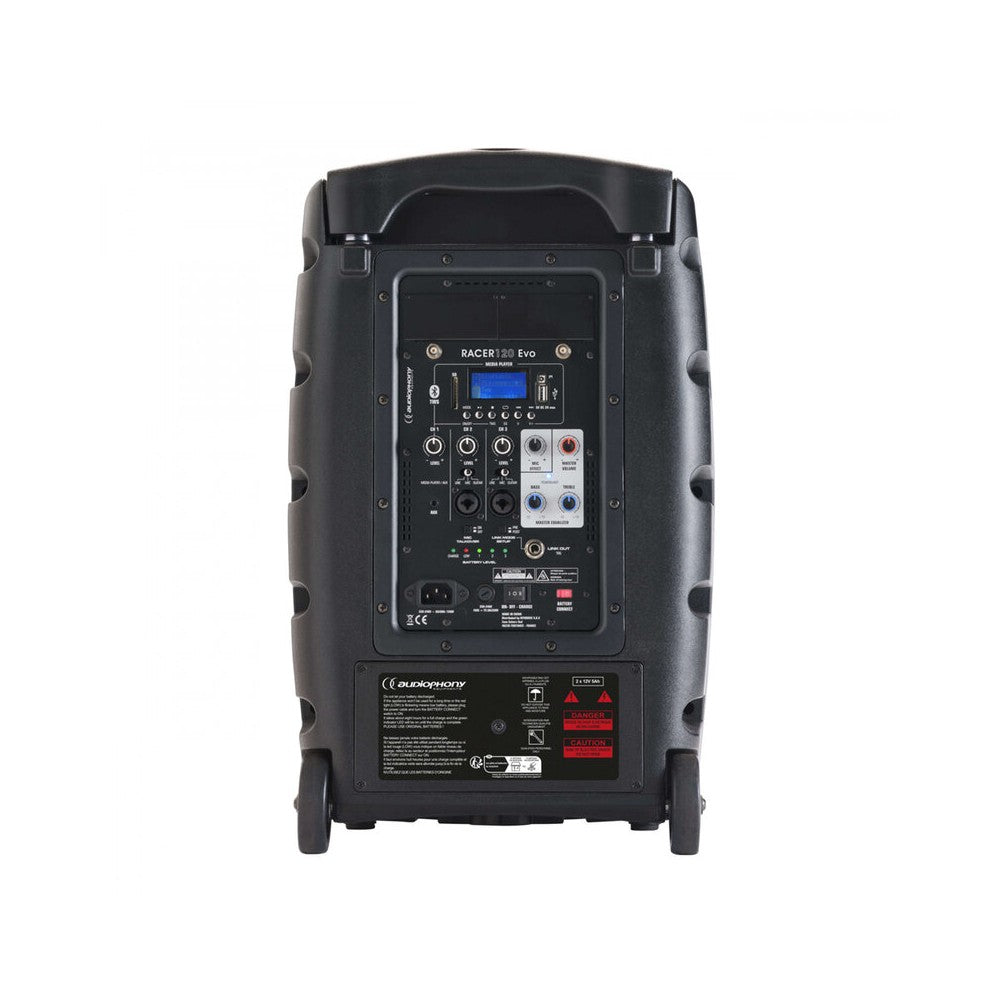 Audiophony 120 W RMS active battery-powered portable loudspeaker, 10" LF + 1" HF, USB / SD / BT5.0, talkover, effects