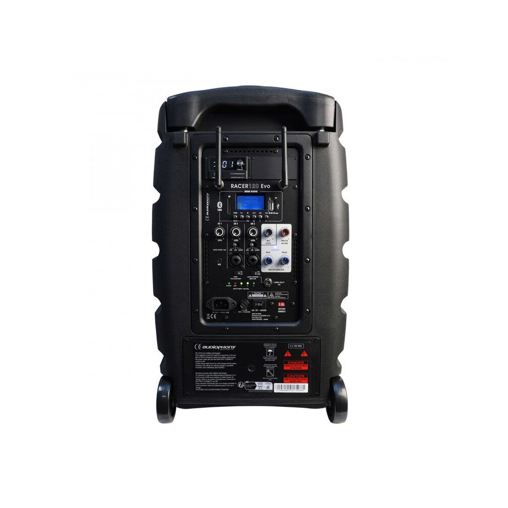 Audiophony 120 W RMS active battery-powered portable loudspeaker, 10" LF + 1" HF, USB / SD / BT5.0, talkover, effects