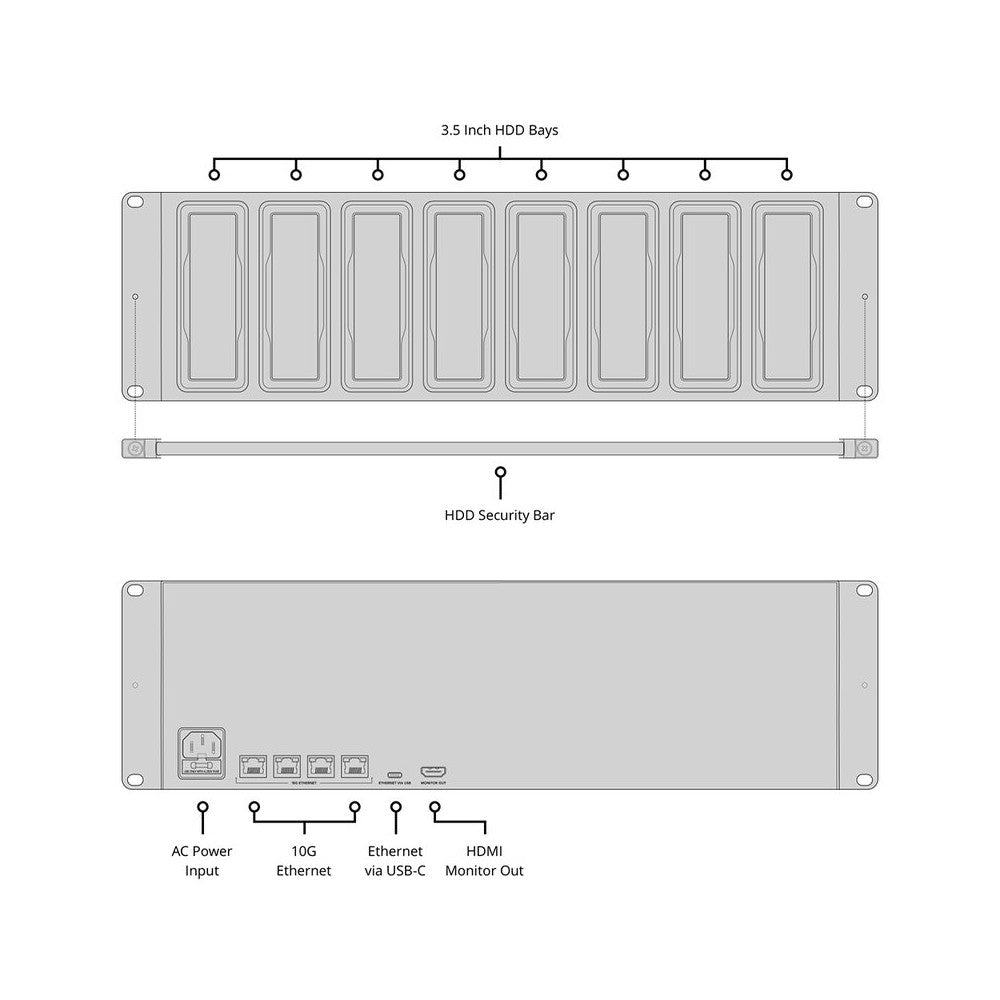 Sistema de respaldo profesional montado en rack de Blackmagic Design con 8 bahías independientes para discos duros, 4 puertos Ethernet 10G de alta velocidad, Blac